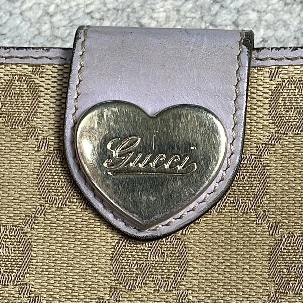 Gucci Monogram GG Long Wallet Double Sided Tan Lilac Heart Clasp